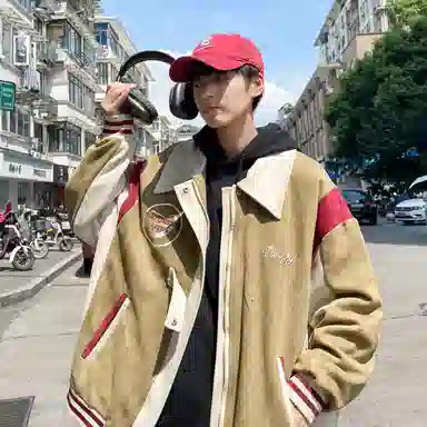 寻星记 春秋款美式复古撞色拼色宽松柔软情侣休闲鹿皮绒外套夹克 男女同款