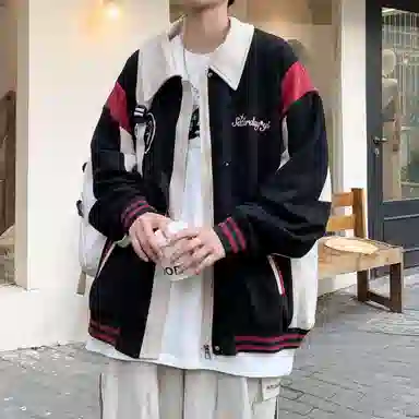 寻星记 春秋款美式复古撞色拼色宽松柔软情侣休闲鹿皮绒外套夹克 男女同款
