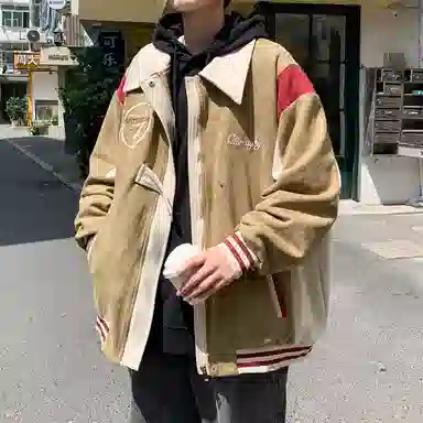 寻星记 春秋款美式复古撞色拼色宽松柔软情侣休闲鹿皮绒外套夹克 男女同款