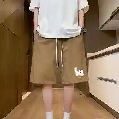 微牛 小猫图案高端宽松百搭外穿潮牌五分裤休闲短裤 男款