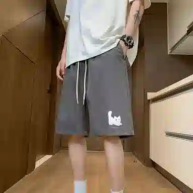 微牛 小猫图案高端宽松百搭外穿潮牌五分裤休闲短裤 男款
