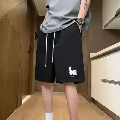 微牛 小猫图案高端宽松百搭外穿潮牌五分裤休闲短裤 男款