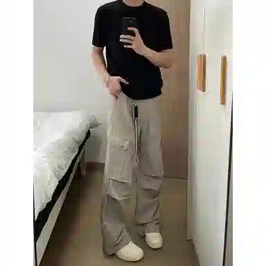 虫小绿 美式多口袋伞兵裤高街痞帅宽松直筒阔腿百搭潮流日常通勤工装裤 男女同款