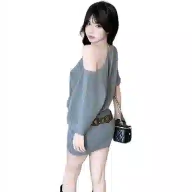 黛尔佳人 斜肩包臀露肩裙带腰带短袖连衣裙 女款