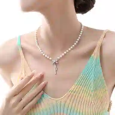 阿葱饰品 珍珠蝴蝶结 法式甜美优雅可爱 精致轻奢小众设计时尚百搭显白锁骨链高级感#好运 合金 项链 女款