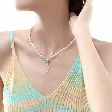 阿葱饰品 珍珠蝴蝶结 法式甜美优雅可爱 精致轻奢小众设计时尚百搭显白锁骨链高级感#好运 合金 项链 女款