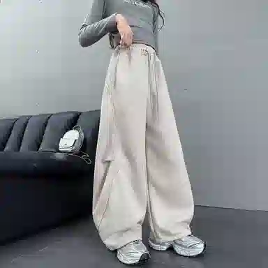 舒适宽松松紧腰阔腿裤工装弯刀裤运动裤