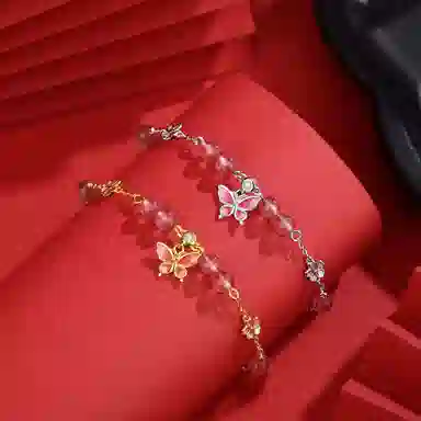 【浪漫蝶语】中国 银世城 蝶舞花漾 甜美精致在逃公主少女心高级感日常通勤百搭合成/人造 草莓晶 水晶手链 女款