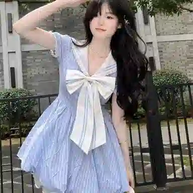 SY Sweet Academy Navy Collar Striped Bow Dress