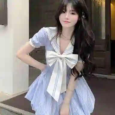 SY Sweet Academy Navy Collar Striped Bow Dress