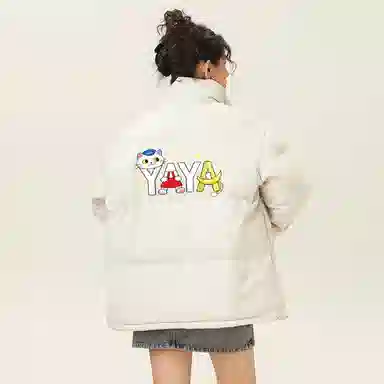 鸭鸭 高蓬松系列 美式高街学院风高级百搭猫猫头图案云朵泡芙防风保暖抗寒聚热锁温防钻绒舒适宽松面包服立领羽绒服 男女同款