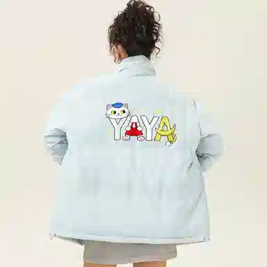 鸭鸭 高蓬松系列 美式高街学院风高级百搭猫猫头图案云朵泡芙防风保暖抗寒聚热锁温防钻绒舒适宽松面包服立领羽绒服 男女同款