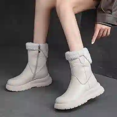 头层牛皮 保暖耐磨增高防滑 复古纯色加绒加厚休闲 中筒 雪地靴 女款