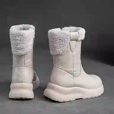 头层牛皮 保暖耐磨增高防滑 复古纯色加绒加厚休闲 中筒 雪地靴 女款