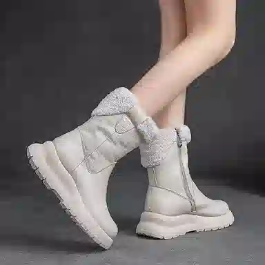 头层牛皮 保暖耐磨增高防滑 复古纯色加绒加厚休闲 中筒 雪地靴 女款