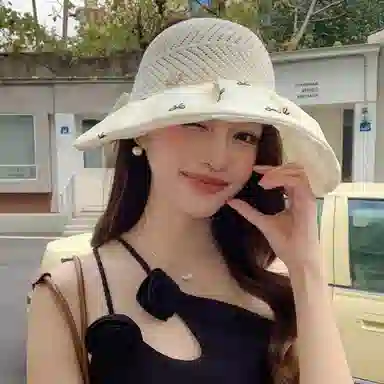 图涂丫 空顶透气蝴蝶结爱心刺绣百搭 涤纶 防晒帽 男女同款情侣款