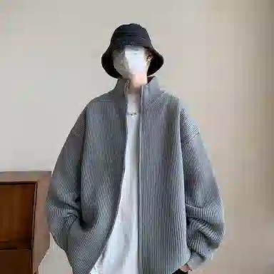 悍戈 美式复古纯色慵懒休闲双拉链立领开衫针织衫 男款