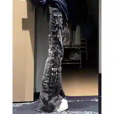 寻星记 美式复古亚文化高街风多口袋微喇春秋痞帅百搭长裤牛仔裤 男女同款