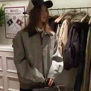 一碗士多  千鸟格撞色翻领格子小众高级设计感无性别主义静默美式复古街头潮流时尚宽松休闲舒适日常城市户外通勤百搭老钱风棒球服 男女同款