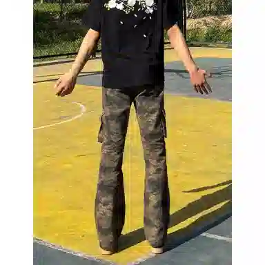 美式高街复古迷彩工装潮流微喇直筒百搭长裤牛仔裤 男女同款