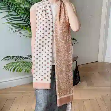 莎莎 佩斯利腰果花波点拼色精纺高支数长巾 时尚百搭文艺复古风优雅大气加大保暖舒适 绵羊毛 绒线围巾 女款