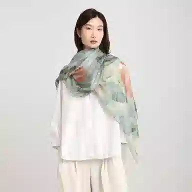 莎莎 荷韵清风 水墨荷花乔其纱真丝大披肩 文艺风气质款高档日常百搭出游拍照 桑蚕丝 丝巾 女款