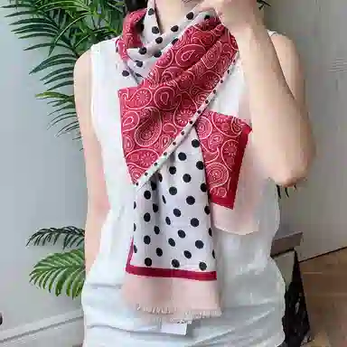 莎莎 佩斯利腰果花波点拼色精纺高支数长巾 时尚百搭文艺复古风优雅大气加大保暖舒适 绵羊毛 绒线围巾 女款
