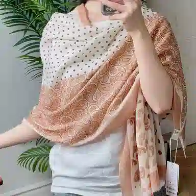 莎莎 佩斯利腰果花波点拼色精纺高支数长巾 时尚百搭文艺复古风优雅大气加大保暖舒适 绵羊毛 绒线围巾 女款