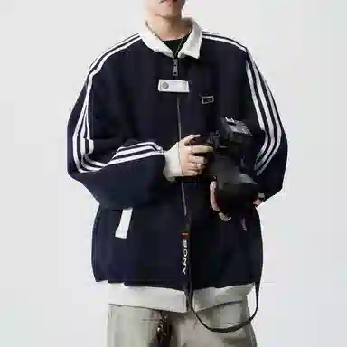 沐诚阳译  美式拼接运动夹克男冬季潮情侣外套高街痞帅条纹棒球服  男女同款