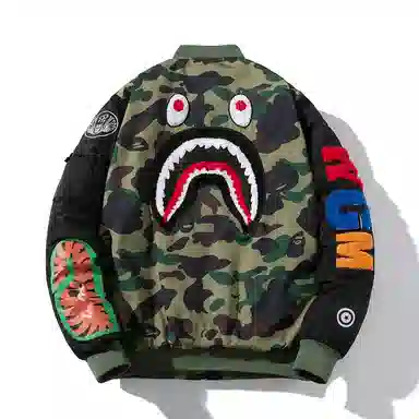 沐诚阳译 秋冬季潮牌加厚飞行员棉服男情侣毛巾刺绣棉衣棒球服鲨鱼外套夹克 男款