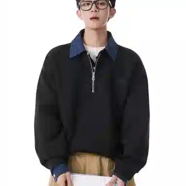 沐诚阳译 美式复古撞色假两件潮牌宽松百搭卫衣 男款