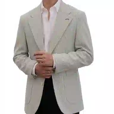 沐诚阳译 何青菜 那不勒斯泡泡纱条纹男春夏单西休闲平驳领外套西装 男款