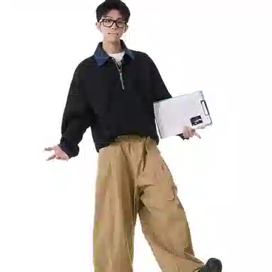 沐诚阳译 美式复古撞色假两件潮牌宽松百搭卫衣 男款