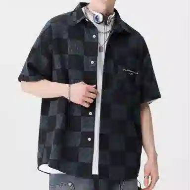 沐诚阳译 夏季美式棋盘格短袖男宽松休闲大码半袖外套衬衫  男款