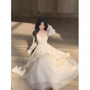 桴生 气质仙女风系带提花网纱拼接不规则大摆宽松纯色长袖连衣裙 女款