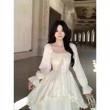 桴生 气质仙女风系带提花网纱拼接不规则大摆宽松纯色长袖连衣裙 女款