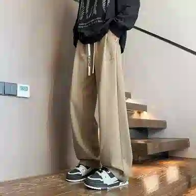 虫小绿 美式高街复古字母刺绣系带抽绳简约时尚日常通勤宽松舒适透气百搭休闲裤 男女同款