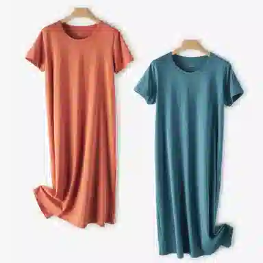 莫代尔 长绒纯棉圆领宽松纯色短袖连衣裙 女款