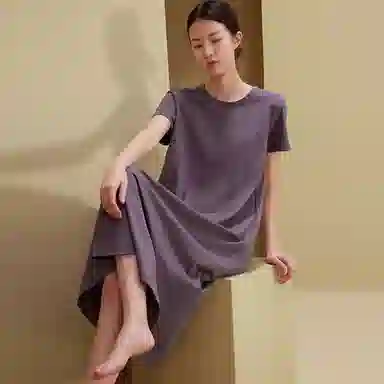 莫代尔 长绒纯棉圆领宽松纯色短袖连衣裙 女款