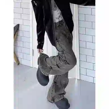 悍戈 美式复古高街嘻哈个性褶皱百搭休闲长裤牛仔裤 男女同款