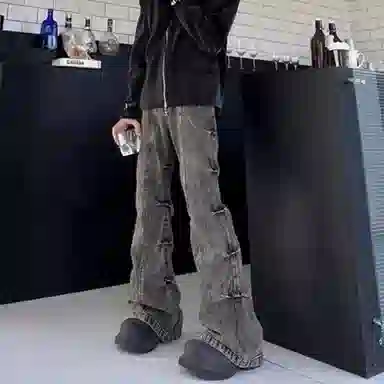 悍戈 美式复古高街嘻哈个性褶皱百搭休闲长裤牛仔裤 男女同款