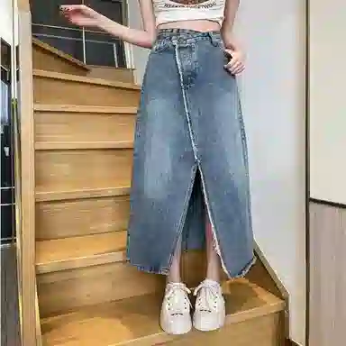 天才小熊 复古开叉高腰半身裙牛仔长裙 女款