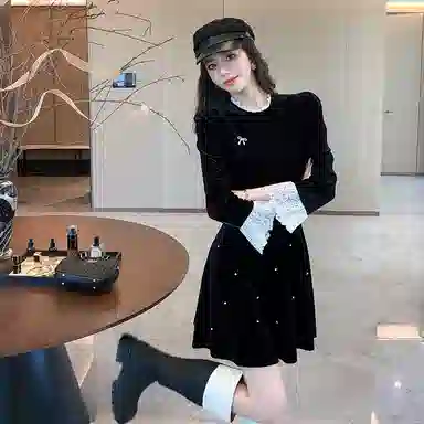 天才小熊 复古丝绒裙子女装 >> 连衣裙  长袖 女款