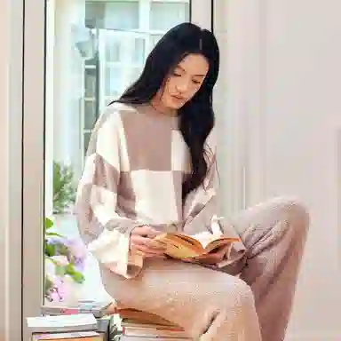 从轻 拼色长袖两件套家居服套装 女款