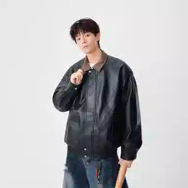 假日伯爵 美拉德穿搭美式做旧水洗复古翻领上衣外套皮衣高级感宽松休闲痞帅百搭日常通勤夹克 男女同款