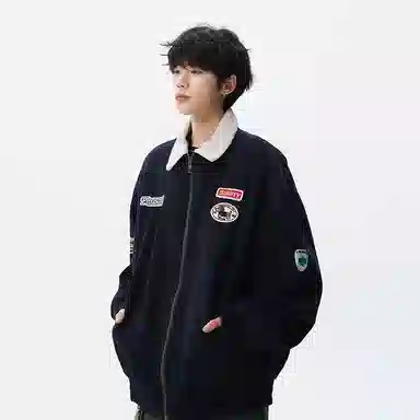 假日伯爵 秋冬季长袖男装痞帅气质贴纸印花小众设计学生流行简约慵懒文艺宽松休闲外套夹克 男女同款
