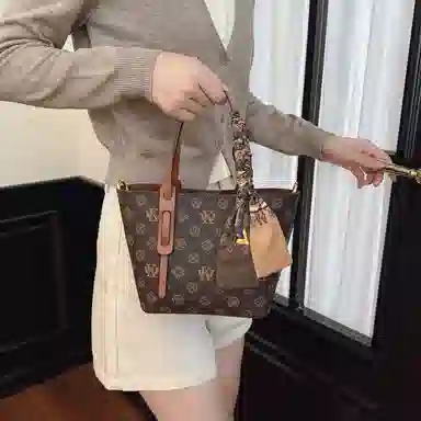 米囹 复古印花 菜篮子老花包 两用手提单肩包 棕色