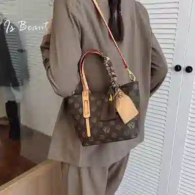 米囹 复古印花 菜篮子老花包 两用手提单肩包 棕色