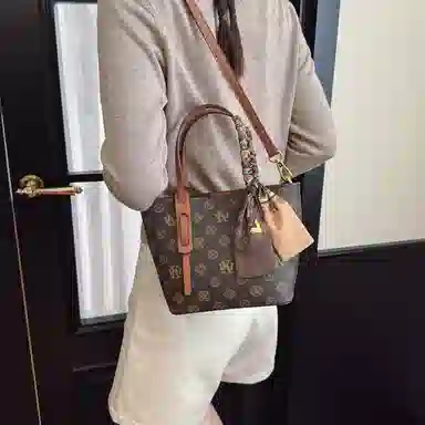 米囹 复古印花 菜篮子老花包 两用手提单肩包 棕色