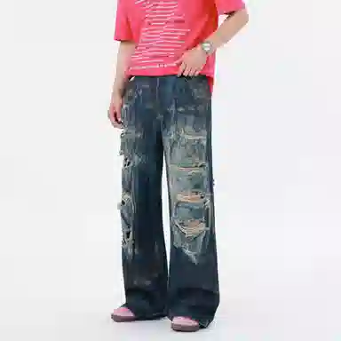 洞洞拐 脏染割烂破洞男款高街宽松痞帅青少年水洗直筒裤子设计垂感牛仔裤 男女同款